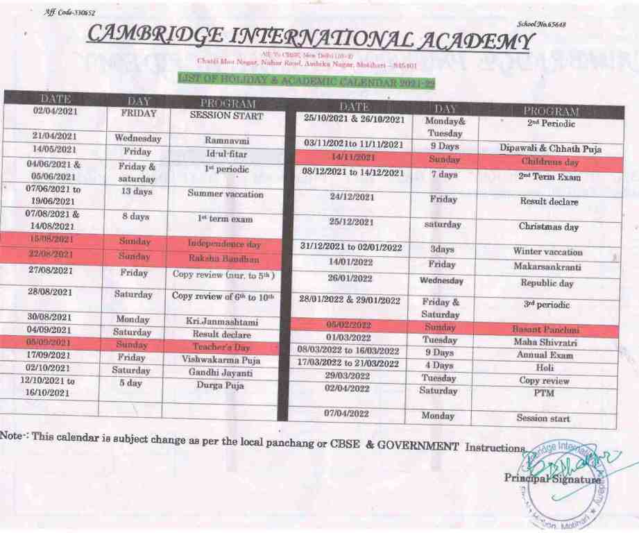 academic calendar 2021-22lyceum international academy cbse muzaffarpur bihar india